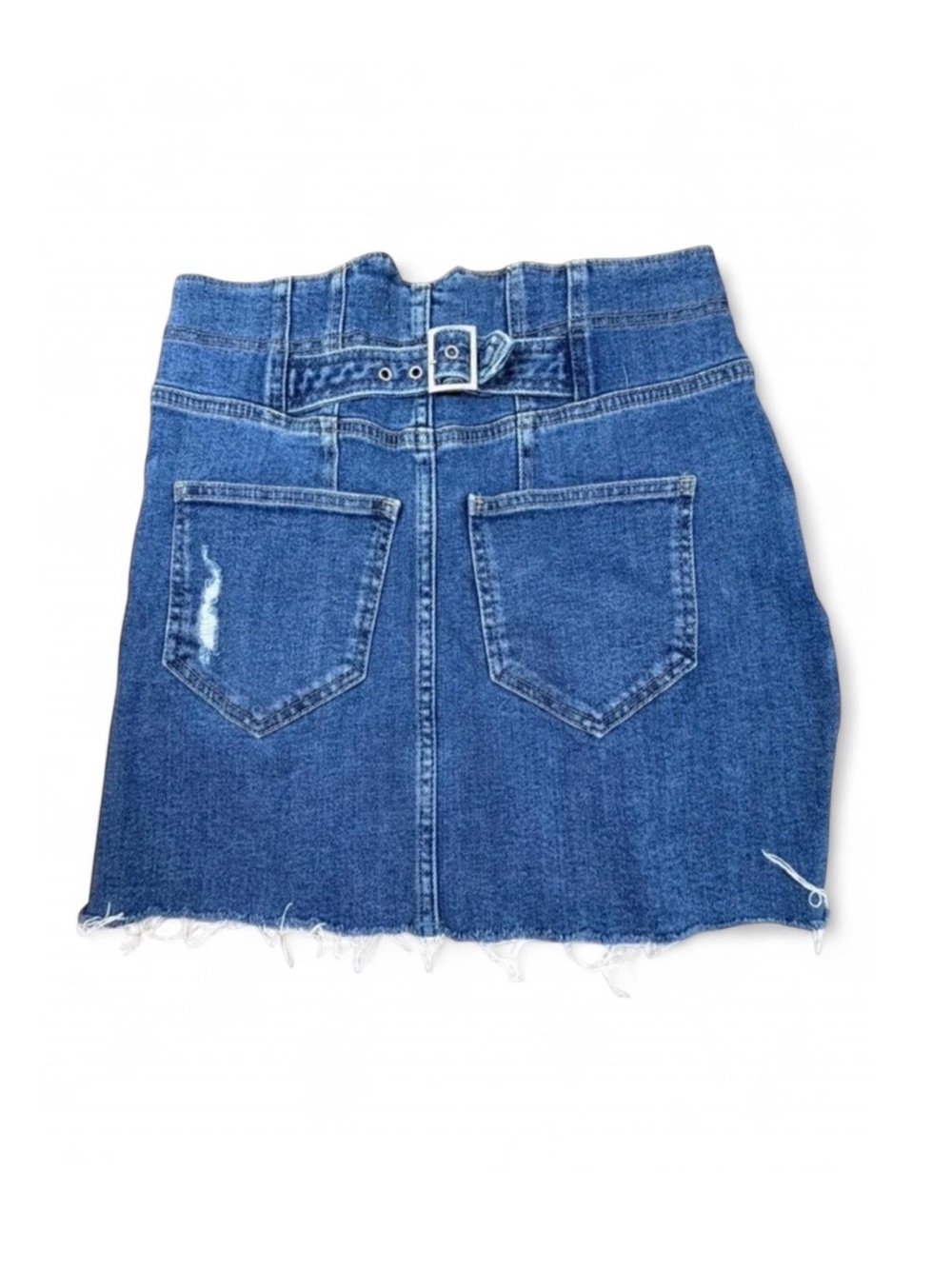 Free People Distressed Denim Mini Skirt Belted High Rise Raw Hem Size 2